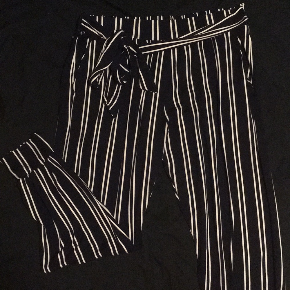 Blue and white striped stretchy pants with cuffs